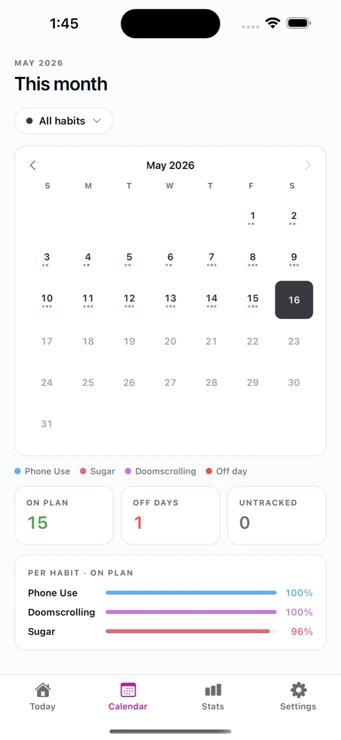 Flux — monthly calendar with per-habit dots — light theme